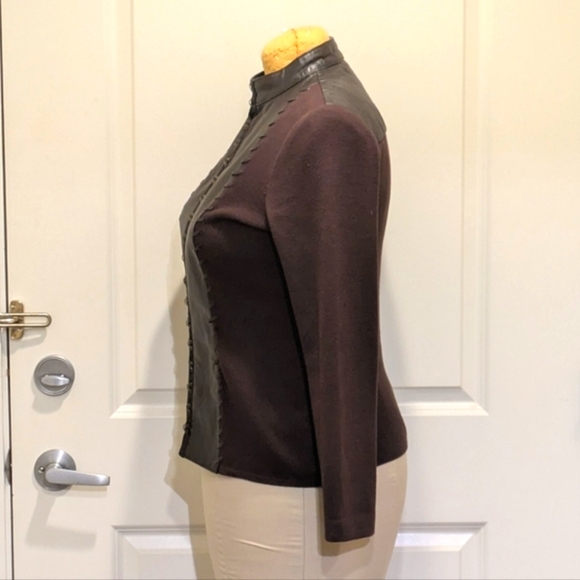 EUC 80s Tan Jay XL Leather and Knit Hook & Eye Front Stand Collar Sweater - Picture 7 of 8